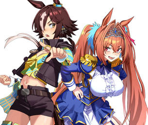 big_breasts black_bottomwear black_clothing black_jacket black_shorts black_topwear blue_bottomwear blue_clothing blue_jacket blue_skirt blue_topwear bottomwear breasts brown_hair clothed clothing crop_top crown duo epaulet female fist gesture hair hair_intakes hand_gesture hands_on_hips headgear jacket long_hair low_ponytail midriff navel one_eye_obstructed open_clothing open_jacket open_topwear orange_hair pointing ponytail red_eyes shirt shorts simple_background skirt topwear twintails_(hairstyle) white_background white_clothing white_shirt white_topwear yellow_clothing yellow_eyes yellow_shirt yellow_topwear franz2543 cygames uma_musume_pretty_derby daiwa_scarlet_(pretty_derby) vodka_(pretty_derby) animal_humanoid equid equid_humanoid equine equine_humanoid horse_humanoid humanoid mammal mammal_humanoid absurd_res hi_res