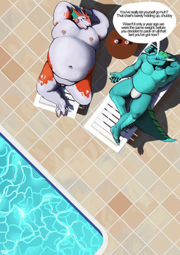 anthro belly big_belly big_bulge big_tail bulge buried_penis clothing detailed_bulge duo facial_hair fin fupa genitals hands_behind_head horn looking_at_another lying male male/male moobs muscular muscular_arms muscular_male navel nipple_piercing nipple_ring nipples nude_male on_back overweight overweight_male penis piercing ring_piercing small_penis smile speech_bubble swimming_pool tail text underwear aviesergal mythology avie dragon mythological_creature mythological_scalie scalie sergal english_text hi_res