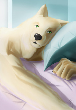 anthro bed fingers furniture green_eyes humanoid_hands male pillow solo text hamapup canid canine canis domestic_dog mammal nordic_sled_dog samoyed spitz 2025 absurd_res artist_name colored dated hi_res shaded