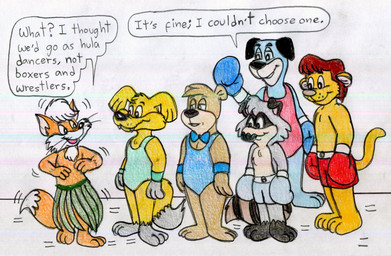 3_toes 4_fingers anthro barefoot bent_ears big_tail biped black_ears black_eyes black_feet black_nose black_stripes blue_body blue_bow_tie blue_boxing_gloves blue_clothing blue_fur blue_handwear blue_leotard bow_tie boxing_gloves boxing_shorts brown_body brown_fur brown_hair brown_mane cheek_tuft chest_tuft clenched_teeth clothed clothing curling dancing dialogue dipstick_tail facial_markings facial_tuft feet fingers floppy_ears fluffy fluffy_tail fur gloves_(marking) grass_skirt green_clothing green_leotard grey_body grey_feet grey_fur grey_hands grey_tail_tip group hair hairless_feet half-closed_eyes handwear head_markings head_tuft hula hula_dancing leg_markings leotard lines_drawn looking_at_another male mane markings mask_(marking) motion_lines multicolored_body multicolored_fur narrowed_eyes open_mouth open_smile orange_body orange_fur paws pink_inner_ear pink_nose pointy_ears raised_tail red_boxing_gloves red_clothing red_handwear red_leotard ring_(marking) ringed_tail simple_background smile smiling_at_another socks_(marking) speech_bubble standing striped_markings striped_tail stripes tail tail_markings tan_body tan_fur teeth text toes toony toothy_grin topless topless_anthro topless_male tuft two_tone_body two_tone_fur whisker_spots whiskers white_background white_body white_fur white_hair white_sclera white_tail wide_hips wrestling_singlet wristband yellow_body yellow_fur young young_anthro young_male jose-ramiro blinky_bill_(series) hanna-barbera metro-goldwyn-mayer the_huckleberry_hound_show the_lionhearts the_raccoons tom_sawyer_(2000_film) yogi_bear bentley_raccoon boo-boo_bear huck_finn huckleberry_hound shifty_dingo spencer_lionheart bear brown_bear canid canine canis dingo domestic_dog felid fox grizzly_bear lion mammal pantherine procyonid raccoon red_fox true_fox ursine 2025 colored colored_sketch crossover english_text graphite_(artwork) hi_res sketch traditional_media_(artwork)