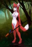 anthro areola barefoot belly biped blue_eyes breasts chest_tuft claws detailed_background feathers feet female fluffy fluffy_tail forest fur genitals green_eyes hair heterochromia holding_object holding_weapon melee_weapon nature navel nipples nude outside paws pink_nipples pink_nose plant polearm pussy red_body red_fur red_hair slim solo spear standing tail toe_claws tree tribal tuft vines weapon white_belly white_body white_fur rukifox aryani canid canine fox mammal 2014 hi_res signature