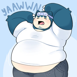 anthro blindfold bottomwear clothing eyemask eyewear grey_bottomwear grey_clothing grey_pants male mask open_mouth overweight overweight_male pants shirt sleep_mask solo topwear white_clothing white_shirt white_topwear yawn yawning_position morukuma nintendo pokemon generation_1_pokemon pokemon_(species) snorlax hi_res