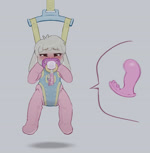 ambiguous_gender anthro baby_bouncer blinking blush clothing diaper diaper_under_clothing fur gag gagged internal onesie pacifier pacifier_gag restrained sex_toy simple_background solo toddler twitching vibrator white_background white_body white_fur young young_ambiguous young_anthro skidoo lagomorph leporid mammal rabbit 2d_animation animated digital_media_(artwork) motion_tweening no_sound short_playtime webm