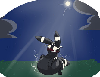 belly big_belly black_body feral inflation moon night outside simple_background solo thatoneaceguy nintendo pokemon eeveelution generation_2_pokemon pokemon_(species) umbreon 2025
