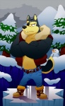 anthro biceps big_muscles black_nose blue_eyes eye_patch eyewear male muscular muscular_anthro muscular_male outside snow solo vasuki canid canine canis domestic_dog husky mammal nordic_sled_dog spitz