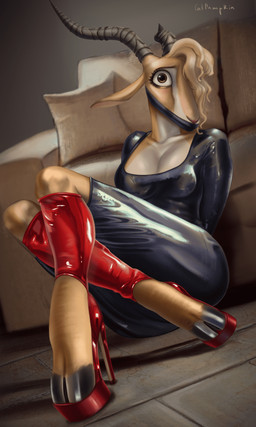 anthro bdsm boots bound breasts brown_eyes captured cleavage clothed clothing cloven_hooves dutch_angle eyebrows eyelashes feet female female_anthro foot_fetish footwear furgonomic_footwear furgonomics gag gagged hair hair_over_eye high_heeled_boots high_heels hoof_fetish hoof_heels hoofwear hooved_plantigrade hooved_toes hooves horn latex latex_clothing latex_skinsuit legs_tied looking_at_viewer mouth_closed multicolored_body one_eye_obstructed plantigrade scared shoes skinsuit snout solo tight_clothing two_tone_body wide_eyed catpumpkin disney zootopia gazelle_(zootopia) antelope bovid gazelle mammal absurd_res hi_res