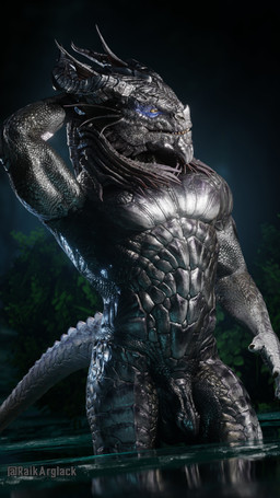 abs annoyed anthro arm_above_head athletic athletic_anthro athletic_male balls big_muscles black_balls black_body black_glans black_penis black_scales blue_eyeshadow cheek_frill cheek_spikes chin_spikes claws dutch_angle eyeshadow facial_spikes finger_claws flaccid genitals glans glistening glistening_body glistening_genitalia glistening_penis glistening_tail hand_above_head horn humanoid_genitalia humanoid_penis hybrid_genitalia hybrid_penis makeup male membrane_(anatomy) muscular muscular_anthro muscular_male narrowed_eyes night nude_anthro nude_male orange_sclera outside partially_submerged pecs penis plant pose presenting presenting_balls presenting_penis pseudo_hair pupils raised_arm ribbed_penis scales sharp_teeth slit_pupils solo spikes spikes_(anatomy) standing standing_in_water tail tail_ridge teeth tentacle_hair tentacles thick_thighs three-quarter_view tree water raik_arglack baldur's_gate baldur's_gate_3 dungeons_and_dragons hasbro larian_studios wizards_of_the_coast rhakaar_keldecedor_(raik_arglack) dragonborn_(dnd) scalie 2026 3d_(artwork) 4k 9:16 absurd_res blender_(artwork) digital_media_(artwork) hi_res portrait three-quarter_portrait watermark