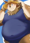 anthro antlers belly blush brown_body brown_fur clothing fur hat headgear headwear horn male moobs navel navel_outline one-piece_swimsuit overweight overweight_male school_swimsuit solo straw_hat swimwear nazebesu_hobby tamacolle kazusa deer mammal absurd_res hi_res