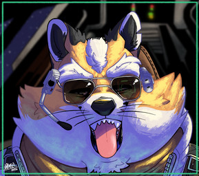 anthro big_cheeks clothed clothing electronics eyewear fangs fur hair headgear headphones headset headset_microphone male notched_ear open_mouth overweight overweight_anthro overweight_male puffed_cheeks solo sunglasses teeth tongue tongue_out whiskers awoogasm nintendo star_fox star_fox_(2026) james_mccloud canid canine fox mammal 2026 headshot_portrait hi_res portrait signature