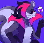 anthro bottle clothed clothing container female hair hair_over_eye solo niipipi indigo_park salem_the_skunk mammal mephitid skunk hi_res nonbinary_(lore)