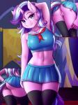 2018 3:4 absurd_res anthro bottomwear butt clothed clothing crop_top cutie_mark digital_media_(artwork) equid equine eyelashes female friendship_is_magic fully_clothed genitals hair hasbro hi_res high_waisted_bottomwear horn legs_together legwear long_hair looking_at_viewer mammal midriff multicolored_hair my_little_pony mythological_creature mythological_equine mythology navel no_underwear pussy shirt skirt solo squish standing starlight_glimmer_(mlp) thigh_highs thigh_squish topwear twistedscarlett60 two_tone_hair unicorn upskirt wide_hipped_female wide_hips