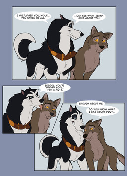collar compliment dialogue duo enemies_to_lovers face_lick featureless_crotch feral flirting fur licking licking_another licking_partner male male/male multicolored_body multicolored_fur praise seductive speech_bubble talking_feral text tongue two_tone_body two_tone_fur conditional_dnp ekayas balto_(series) universal_studios balto steele_(balto) alaskan_malamute canid canine canis domestic_dog hybrid mammal nordic_sled_dog spitz wolfdog comic english_text hi_res