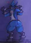 anthro anus balls bdsm blue_body blue_fur bondage bound butt fur genitals heart_symbol looking_at_viewer looking_back male nude open_mouth presenting presenting_hindquarters smile solo submissive submissive_male tail blue-rum nintendo pokemon canid canine generation_4_pokemon lucario mammal pokemon_(species) 2018 digital_media_(artwork) hi_res