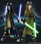 anthro biped black_eyebrows black_stripes blue_eyes blue_hair blue_lightsaber blue_stripes brown_hair claws clothing dual_wielding duo eyebrows female front_view fur glistening glistening_eyes green_claws green_lightsaber green_nose green_pawpads hair holding_object holding_weapon inner_ear_fluff lightsaber markings melee_weapon narrowed_eyes pawpads pink_inner_ear pink_nose red_eyes reverse_grip robe smile smirk standing striped_body striped_fur striped_markings striped_tail stripes tail tail_markings tan_body tan_ears tan_fur text tuft weapon white_body white_fur white_inner_ear white_inner_ear_fluff demireality star_wars felid mammal hi_res url