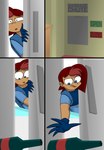 animatedjames appliance archived_source beer_bottle bottle chute clothing comic container english_text female fridge gloves hair handwear hi_res hiding human human_only kitchen kitchen_appliance mammal not_furry nova_(animatedjames) red_hair shirt solo text topwear