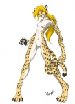 amber_eyes anthro blonde_hair breasts female genitals hair navel nipples nude ponytail pussy simple_background small_breasts solo spots tail white_background yamavu cheetah felid feline mammal