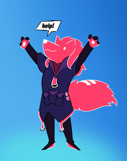 anthro big_tail blue_background calling_for_help clothing dialogue extended_arms fur hair jacket long_hair male polygonal_speech_bubble raised_arms raised_hand red_body red_fur simple_background smile solo speech_bubble standing straight_legs tail text topwear white_eyes white_nose foamytail nyyakikki epic_games fortnite vox_(fortnite) vox_hunter canid canine fox mammal english_text hi_res