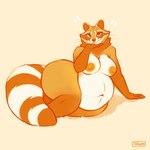 anthro areola belly blue_eyes breasts emanata female looking_at_viewer navel nipples nude overweight overweight_anthro overweight_female smile solo whiskers tenynn mammal procyonid raccoon 2023 hi_res