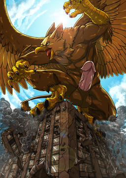 5_fingers abs anthro beak biceps biped brown_body brown_fur building building_destruction city claws crush destruction detailed_background erection feathered_wings feathers feet finger_claws fingers fur genitals house humanoid_genitalia humanoid_penis looking_at_viewer macro male muscular muscular_anthro muscular_male nude open_mouth outside pecs penile penis roaring sky solo standing_on_building tail toe_claws toes tongue wings tatugon mythology carpo avian gryphon mythological_avian mythological_creature hi_res