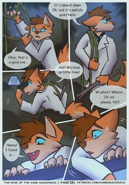 5_panel_comic anthro biped blue_eyes bodily_fluids brown_hair claws clothed clothing coat dialogue fur hair holding_object male motion_lines open_mouth orange_body orange_fur orange_hair paws plant shocked smile solo speech_bubble stick sweat sweatdrop text topwear vines white_clothing white_coat white_topwear darkdraconica patreon dave_(darkdraconica) canid canine fox mammal 2023 absurd_res artist_name colored comic digital_drawing_(artwork) digital_media_(artwork) english_text hi_res multiple_scenes url