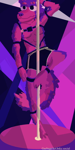 abs anthro athletic black_eyes bottomwear clothed clothing club_lighting clubhouse cuffs_(clothing) dancing fur fur_markings harness male markings neon_lights party pink_body pink_fur pole pole_dancing purple_body purple_fur purple_nose shorts shorts_only solo spotlight topless garbage_art fancy_dawg canid canine canis domestic_dog mammal 2025 absurd_res hi_res restricted_palette shaded simple_shading