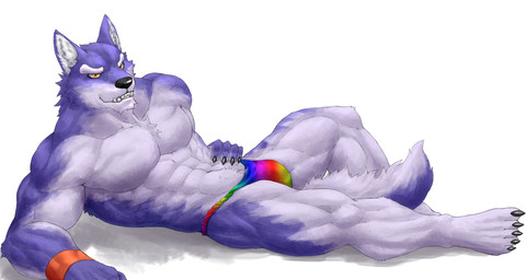abs anthro asian_clothing athletic barefoot biceps biped black_nose bracelet bulge chest_tuft claws clothed clothing detailed_bulge east_asian_clothing fangs feet fundoshi fur genital_outline grey_body grey_fur grin japanese_clothing jewelry looking_at_viewer lying male muscular muscular_anthro on_back orange_eyes pecs penis_outline pose purple_body purple_fur rainbow simple_background smile solo teeth toe_claws topless tuft underwear white_background wristband captainjohkid canid canine canis mammal wolf source_request