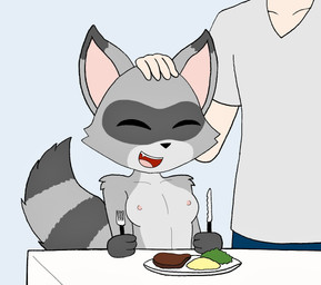 anthro breasts cutlery duo female food fork furniture hand_on_head happy kitchen_utensils knife male nipples plate table tools roguecolonel303 human mammal procyonid raccoon hi_res