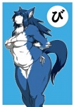 anthro big_breasts blue_background blue_eyes blush breasts clothed clothing curvy_figure female looking_at_viewer nipples simple_background skimpy solo tail voluptuous wide_hips kjm_video domestic_cat felid feline felis mammal digital_media_(artwork) shaded