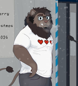 anthro black_eyes bottomwear clothing electronics fangs gate lenses male microphone pants pole solo tail teeth text videogame_shirt window plagadraws where_the_demon_lurks kobu_(wtdl) felid lion mammal pantherine 2024 english_text hi_res