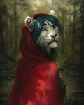 anthro blue_body blue_eyes blue_fur blue_hair cape clothing facial_stripes female forest fur glistening glistening_eyes hair inner_ear_fluff lips logo looking_back messy_hair pink_lips pink_nose plant red_cape red_clothing solo striped_body striped_fur stripes tree tuft whiskers white_body white_ears white_fur white_inner_ear_fluff lostgoose felid mammal pantherine tiger 2021 4:5 artist_logo dated hi_res