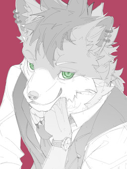 anthro claws clock clothed clothed_anthro clothed_male clothing collared_shirt countershade_face countershading dark_body dark_fur dark_hair dress_shirt ear_piercing ear_ring eyebrows finger_claws fully_clothed fully_clothed_anthro fully_clothed_male fur green_eyes green_pupils hair head_on_hand inner_ear_fluff light_body light_fur looking_at_viewer male mouth_closed necktie piercing pupils purple_background ring_piercing ringed_iris shirt simple_background smile smiling_at_viewer solo topwear tuft vest watch white_sclera wristwatch chiayeeee canid canine canis mammal wolf 2023 absurd_res bust_portrait digital_drawing_(artwork) digital_media_(artwork) hi_res portrait