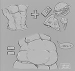 2020 abs ambiguous_species anthro belly belly_focus burger candy chocolate dessert faceless_character faceless_male feederism food grey_background heart_symbol hi_res ice_cream love_handles male mammal monochrome muscular navel nipples overweight pecs pizza signature simple_background skaifox solo speech_bubble weight_gain