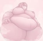 anthro bamuba_(wander_crown) bear belly belly_folds belly_overhang big_breasts breasts female hands_on_hips hi_res huge_breasts looking_at_viewer low-angle_view mammal massive_thighs monochrome nipples overweight overweight_anthro overweight_female pink_theme polar_bear saltypantz solo thick_thighs ursine wander_crown worm's-eye_view