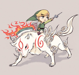 blonde_hair clothing duo female feral footwear fur hair humanoid_pointy_ears light_body light_skin male melee_weapon pointy_ears shield shirt simple_background sword topwear tunic weapon white_body white_fur gari_osushi capcom clover_studio nintendo okami_(capcom) the_legend_of_zelda wind_waker amaterasu_(okami) toon_link canid canine canis deity humanoid hylian mammal wolf crossover