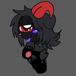 ambiguous_gender blush chibi clothing female fur fur_markings gloves handwear horn lace legwear looking_at_viewer looking_back markings nude red_eyes smug solo stockings suggestive suggestive_look symbol_on_back tongue tongue_out cardkins batehel_(cardkins) unknown_species 1:1 hi_res