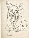 3_toes anthro barefoot claws clothed clothing feet fully_clothed fur male sitting solo toe_claws toes dogear218 disney zootopia nick_wilde canid canine fox mammal red_fox true_fox 3:4 hi_res signature sketch