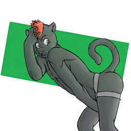 anthro black_body black_fur brown_eyes clothing curled_tail ear_piercing eyebrows facial_piercing fur green_background hair hand_in_hair hand_on_leg hand_on_thigh jockstrap labret_piercing leaning leaning_forward lip_piercing looking_back male mohawk piercing red_hair simple_background solo tail touching_hair underwear whisker_spots white_background p_rindustries gale_(p_rindustries) felid mammal pantherine 1:1 2012
