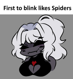 6_eyes cleavage_cutout cutout fangs female grin grinning_at_viewer hair heart_symbol multi_eye ponytail smile smiling_at_viewer teeth text white_hair zamzipperart silkvia arachnid arthropod spider english_text