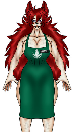 apron apron_only big_breasts breasts clothing curled_tail fangs freckles gynomorph hair heterochromia intersex mostly_nude red_hair solo tail teeth thick_thighs marcy's_lewd_images i_mean_breast_milk mythology starbucks marcy_(marcy's_lewd_images) canid canine humanoid hybrid mammal mythological_canine mythological_creature vampire werecanid werecanine werecreature werewolf 9:16 meme