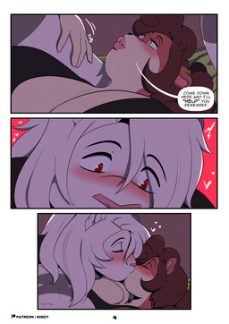 anthro anthro_on_anthro big_breasts black_clothing blush breast_squish breasts brown_body clothed clothing dialogue duo eyes_closed female glistening glistening_eyes hair heart_symbol kissing lying male male/female on_back red_eyes speech_bubble squish text white_body white_hair nimzy noms_(nimzy) tobi_(nimzy) cricetid felid hamster hybrid liger mammal pantherine rodent comic english_text hi_res