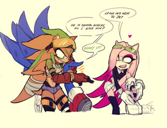 anthro asking asking_another asking_where canon_x_oc clothing dialogue female group heart_above_head heart_symbol highlighted_text impatient male panties panty_shot question speech_bubble talking_to_another text text_emphasis trio underwear einnharder mou.cii sega sonic_the_hedgehog_(series) fan_character lady_the_hedgehog sonic_the_hedgehog war_the_hedgehog eulipotyphlan hedgehog mammal english_text