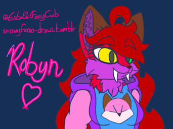 anthro big_fangs big_hair blue_clothing brown_clothing brown_ears clothing eyelashes fangs female fur green_eyes hair heterochromia hoodie multicolored_body multicolored_ears multicolored_fur neck_tuft pink_body pink_clothing pink_ears pink_fur purple_body purple_clothing purple_fur purple_inner_ear red_hair teeth text topwear tuft two_tone_body two_tone_ears two_tone_fur white_clothing yellow_eyes robynsnowyfoxxo robyn_(robynsnowyfoxxo) canid canine felid fox hybrid mammal prehistoric_species saber-toothed_tiger 2019 alpha_channel character_name url