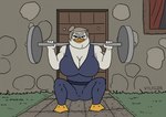 anthro barbell bedroom_eyes big_breasts breasts clothed clothing elderly elderly_female eyewear female front_view glasses hair huge_breasts looking_at_viewer mature_female muscular muscular_female muscular_thighs narrowed_eyes seductive smile smiling_at_viewer solo sport standing standing_over training vylfgor disney ducktales ducktales_(2017) bentina_beakley anatid anseriform avian bird duck 2025 animated