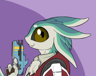 3_fingers 4_ears ambiguous_anthro ambiguous_gender anthro armor big_eyes chest_tuft circle_eyebrows claws closed_smile clothed clothed_ambiguous clothed_anthro clothing eyebrows facial_tuft feather_tuft feathers finger_claws fingers glistening glistening_eyes green_body green_feathers gun handgun head_tuft holding_gun holding_handgun holding_object holding_ranged_weapon holding_weapon looking_at_viewer mouth_closed multi_ear multicolored_body multicolored_feathers noseless pupils purple_background ranged_weapon short_snout side_view simple_background smile smiling_at_viewer snout solo tan_body tan_eyebrows tan_feathers tuft weapon yellow_eyes compound_lift avali avian 2016 5:4 bust_portrait digital_media_(artwork) flat_colors portrait
