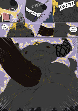 abs anthro arm_tattoo balls big_balls big_muscles big_penis black_body black_penis blonde_hair body_size_growth brown_nipples city cityscape clenched_teeth crunch dialogue eating_object energy_beam energy_drain energy_weapon erection expansion flexing genital_expansion genitals glowing growth hair huge_balls huge_muscles huge_penis hyper hyper_genitalia hyper_penis laser looming low-angle_view macro male muscle_growth muscular muscular_anthro muscular_male neck_bulge nipples om_nom_nom open_mouth pecs penis penis_expansion powering_up sharp_teeth size_transformation solo sound_effects swallowing tail tattoo teeth text tongue transformation vein ignatius_husky springfield canid canine canis mammal wolf comic english_text hi_res