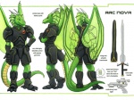 anthro armor clothing furgonomics green_body green_scales horn male melee_weapon membrane_(anatomy) membranous_wings ranged_weapon scales side_view solo tail tail_clothing text turnaround weapon wings yellow_eyes kacey mythology arc_nova dragon mythological_creature mythological_scalie scalie 2009 english_text model_sheet