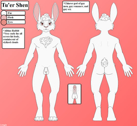 albino anthro balls color_swatch curled_fur erection fur genitals male nude nude_anthro nude_male penis pink_eyes rabbit_ears scut_tail short_tail simple_background solo standing tail text tuft white_body white_fur leinglo asian_mythology chinese_mythology east_asian_mythology mythology tu'er_shen deity lagomorph leporid mammal rabbit digital_media_(artwork) english_text model_sheet pixel_(artwork)