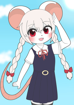 anthro biped blue_clothing blush blush_lines braided_hair clothed clothed_anthro clothed_female clothing female female_anthro fully_clothed fully_clothed_anthro fully_clothed_female gesture hair looking_at_viewer monotone_body ponytail red_eyes smile smiling_at_viewer solo standing tail twintails_(hairstyle) waving waving_at_viewer white_body white_hair young young_anthro young_female kawaiirosiechan mammal murid murine rat rodent absurd_res digital_drawing_(artwork) digital_media_(artwork) hi_res