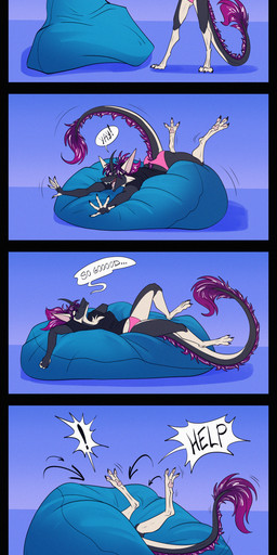 anthro bag bean bean_bag chair claws clothing dialogue equis_universe fangs female fluffy fur furniture open_mouth panties pawpads paws relaxing solo stuck tail teeth text underwear sunny_way sunny_way_(character) ki'rinaes comic english_text hi_res one_page_comic