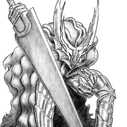 5_fingers ambiguous_gender armor biped cloak clothing fingers headgear helmet holding_melee_weapon holding_object holding_weapon melee_weapon solo weapon alillust berserk_(series) hollow_knight_(franchise) team_cherry hollow_knight_(character) vessel_(species) 1:1 2025 absurd_res hi_res monochrome